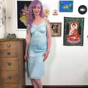 Vintage Aqua Taffeta Slip, 1940s Hand Dyed Swishy Nylon Slip Dress, Sz XS